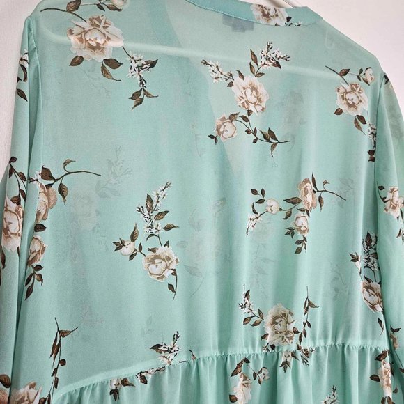 Torrid button down sheer blouse, Size 2, Floral Mint Green, High low hem - Picture 3 of 11